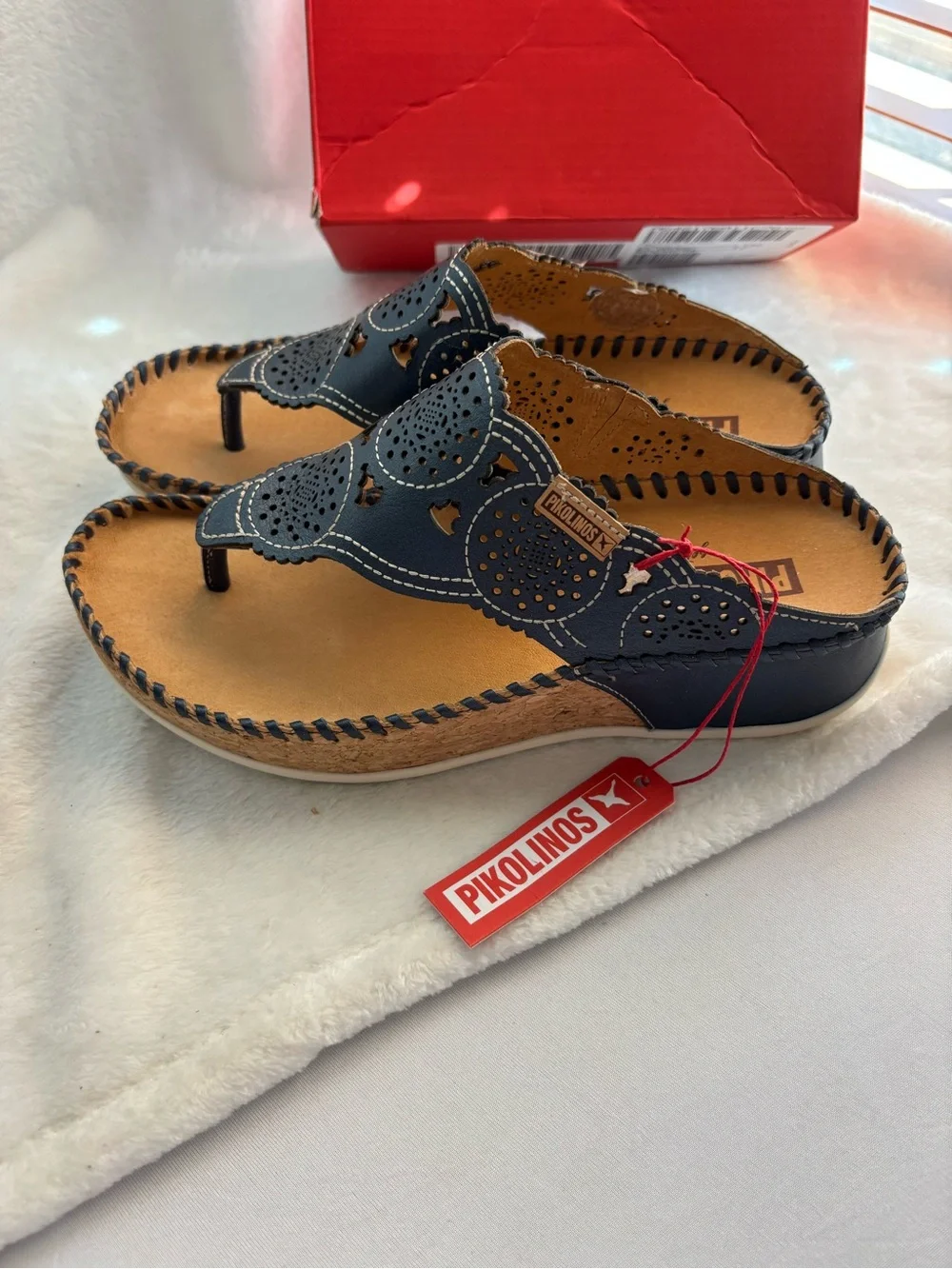 PIKOLINOS Marina Thong Wedge Leather Sandals Blue Size 37 EU 6.5-7 US